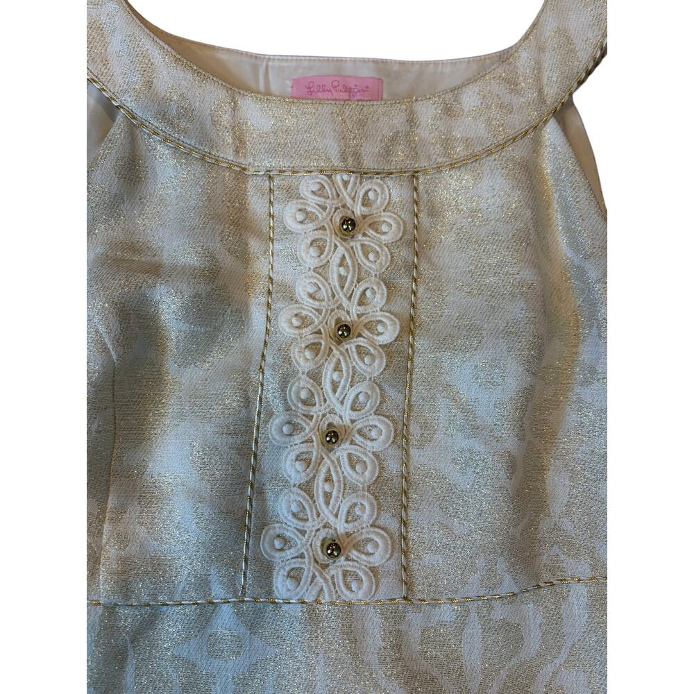 LILLY PULITZER Gold Metallic Dress Sz 4 Jacqueline Shift White Lace Bib - Picture 5 of 9